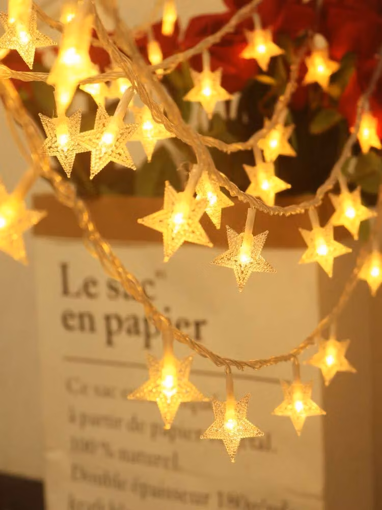 Catena luminosa con 40 stelle a LED, lunghezza 6 metri, luce bianco caldo, alimentazione a batteria