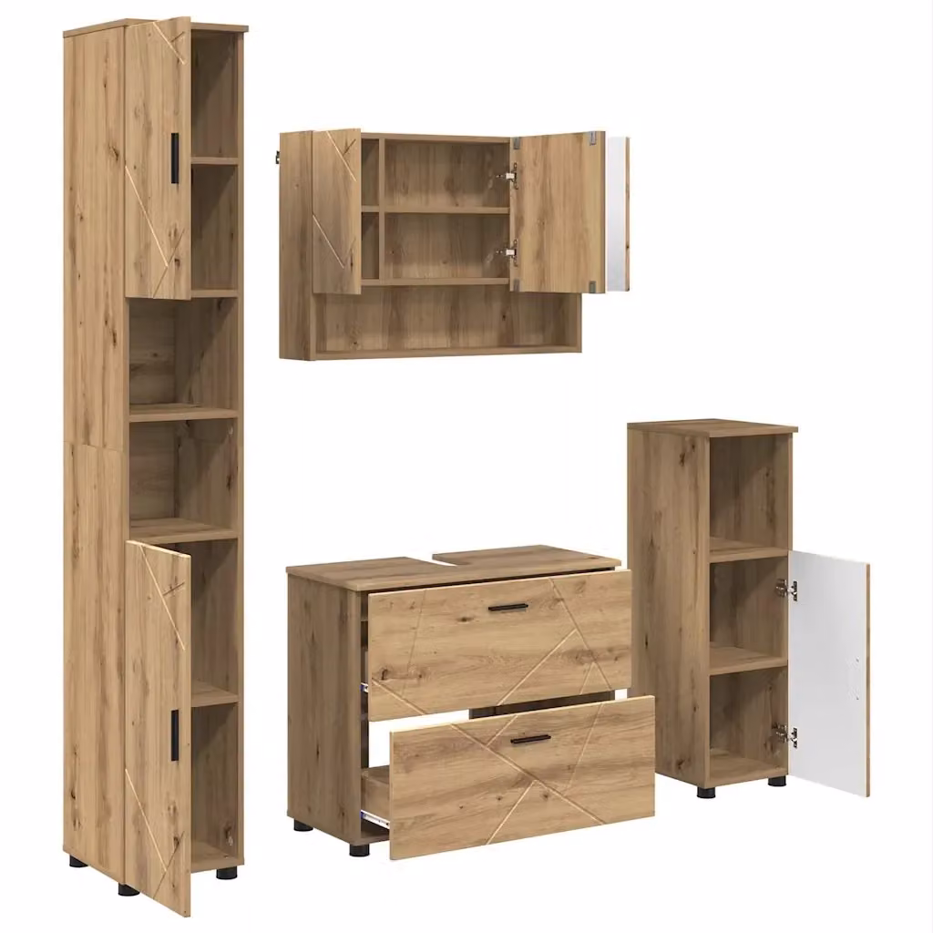 Set di mobili per il bagno vidaXL in legno e metallo color rovere marrone con mobile lavabo, armadietto con specchio, mobile laterale e colonna alta in stile minimalista – 2