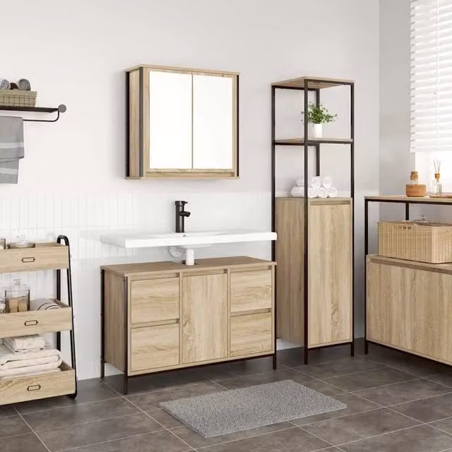 Set di mobili per il bagno moderno vidaXL composto da mobile lavabo e colonna alta in legno e metallo, colore marrone e nero, H 165 x L 90 x P 44,25 cm – 1