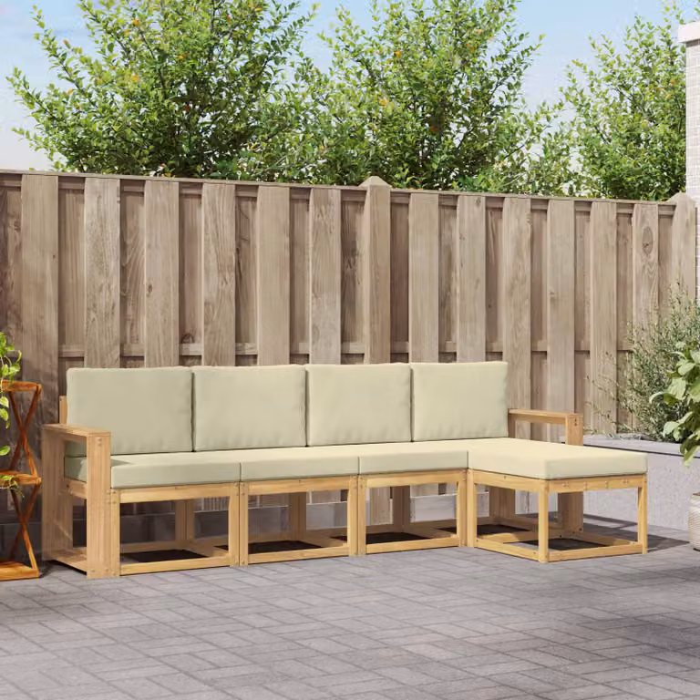 vidaXL Set di divani da esterno a L in legno di acacia con pouf e cuscini, Bianco e Beige