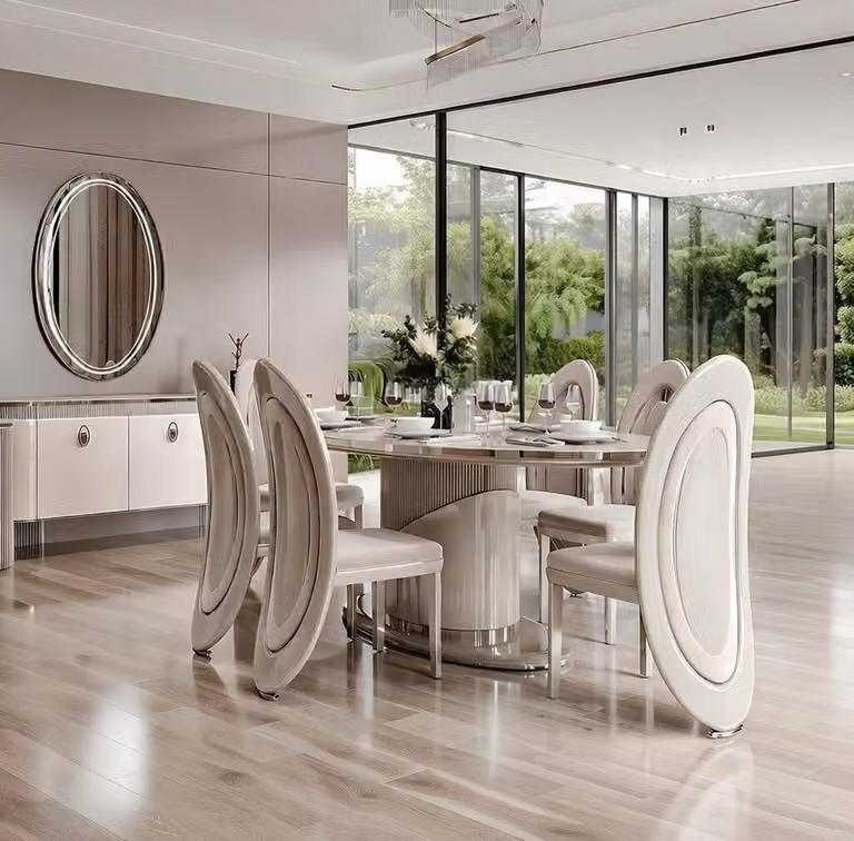 Set da pranzo tavolo da pranzo di design, sedie, credenza, specchio