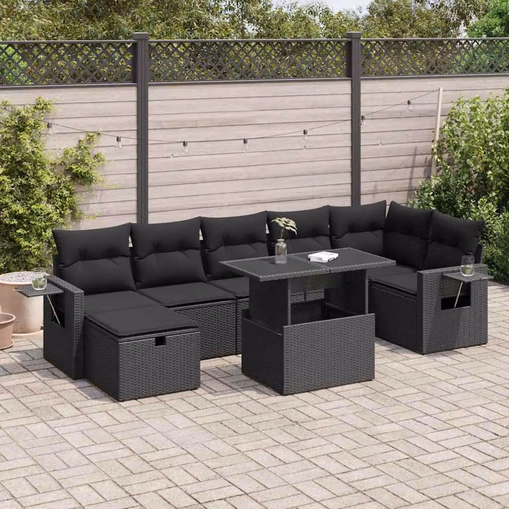 Set Divano da Giardino a L vidaXL in Polyrattan Nero con 8 Cuscini e Tavolino da Esterno