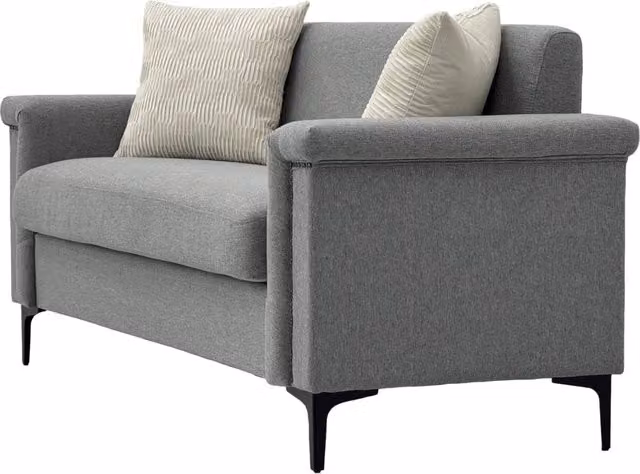 Divano 2 posti in lino con struttura in legno e piedi in metallo nero, design moderno e compatto