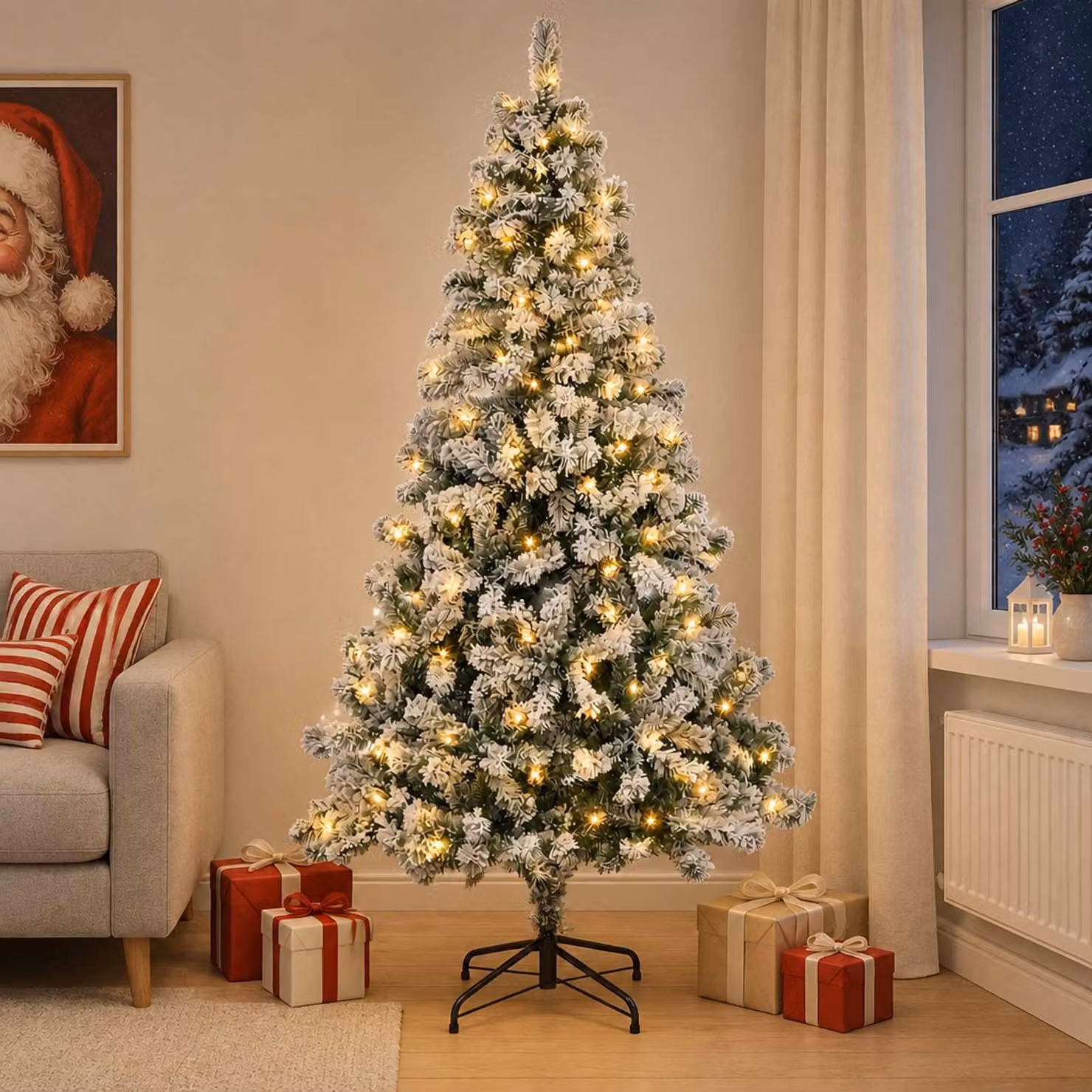 Albero di Natale artificiale pieghevole, altezza 120 cm, con 150 luci a LED