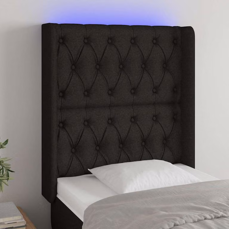Testiera per letto vidaXL in tessuto nero con illuminazione LED integrata e porta di ricarica USB, L/P/H: 83 x 16 x 118/128 cm