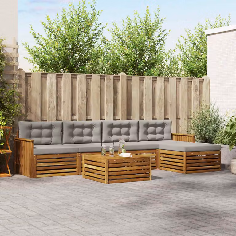 vidaXL Set di divani da esterno a L in legno di acacia con cuscini e pouf, 6 pezzi, Grigio