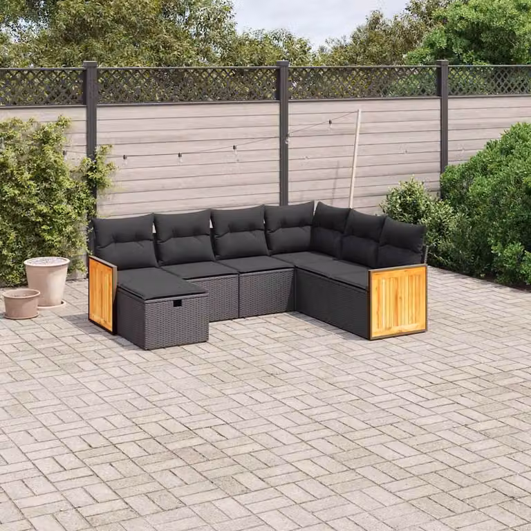 vidaXL Set Divani da Giardino a L con 7 Pezzi e Cuscini, Polyrattan Nero e Struttura in Acciaio Verniciato a Polvere