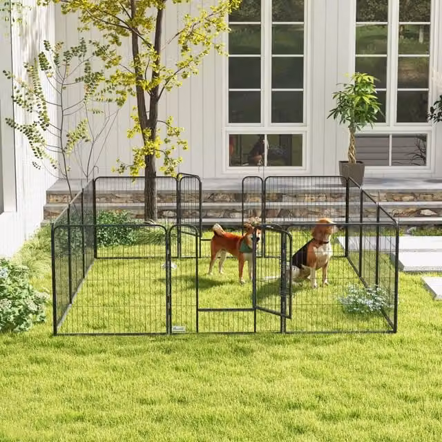 Area giochi configurabile per cani OKWISH con 12 pannelli e 2 porte pieghevoli in metallo grigio per interni ed esterni