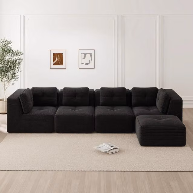 Divano angolare modulare MODFU in velluto nero con seduta imbottita L/P/H: 386 x 177 x 69 cm