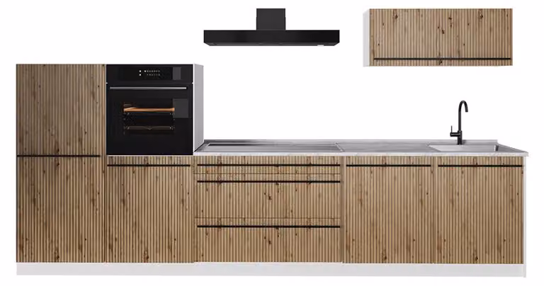 Cucina componibile Vicco R-Line Rovere artigianale/Bianco 340 cm piano di lavoro Marmo, Model 67311