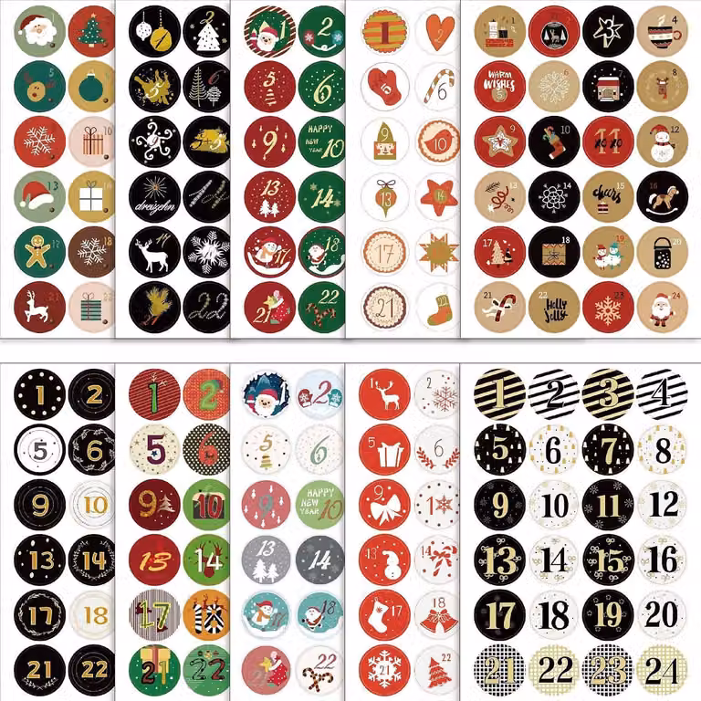 Calendario dell'Avvento con numeri - Adesivi. Calendario dell'Avvento natalizio - 10 fogli di adesivi natalizi. Calendario dell'Avvento di Natale con numeri