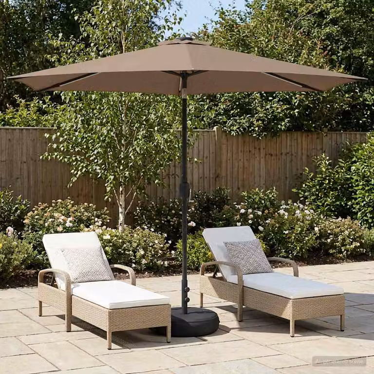 Parasol da giardino con luci LED e base vidaXL in poliestere, L 300 x P 300 cm