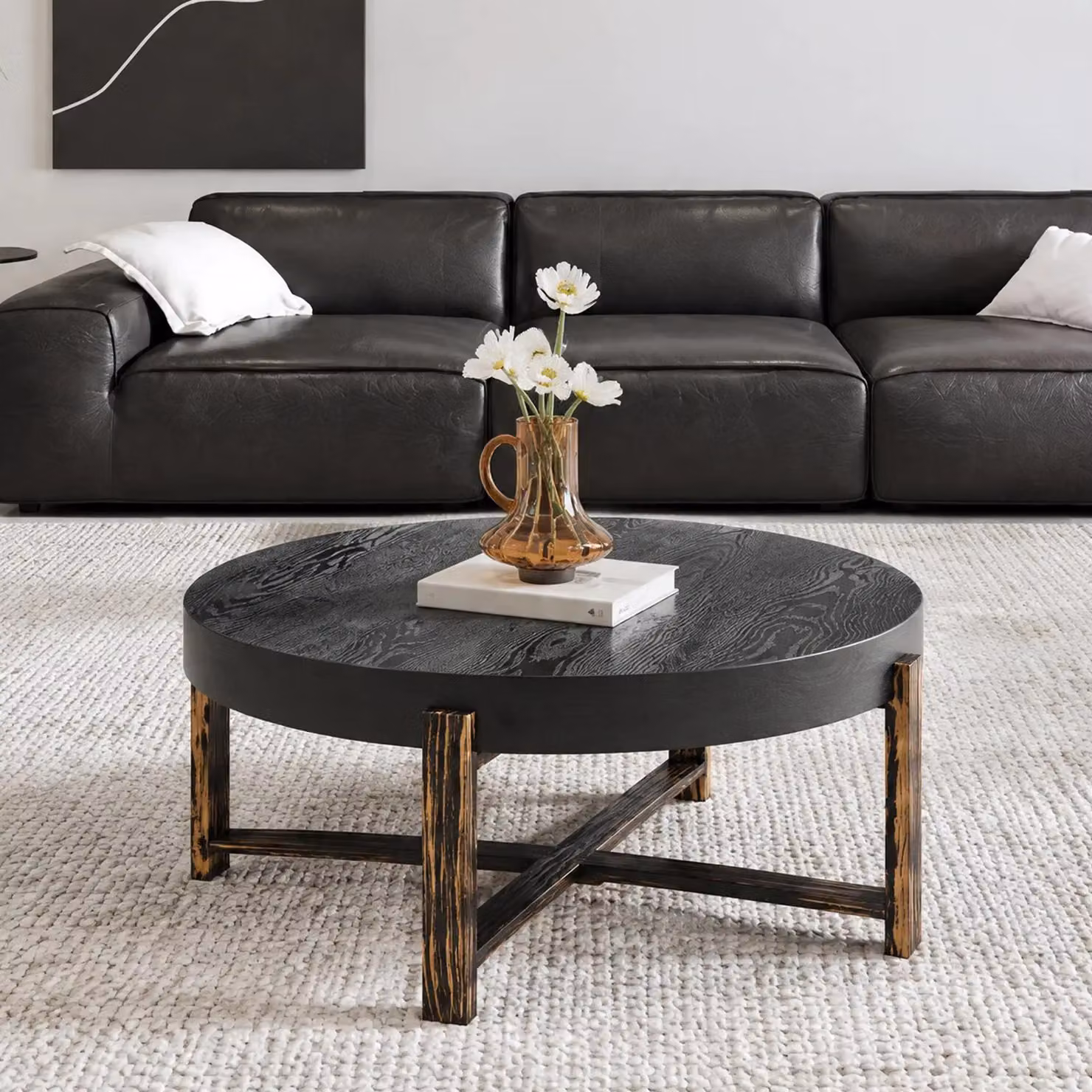 Tavolino rotondo, diametro 68 cm, stile retrò industriale, MDF, struttura a croce in metallo, stile Wabi-Sabi (nero)