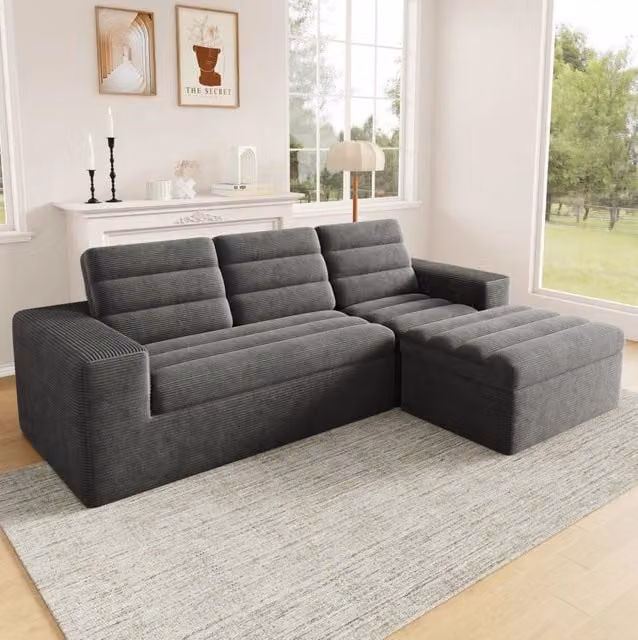 Divano angolare modulare 253x161x89 cm grigio scuro con pouf in velluto a coste,