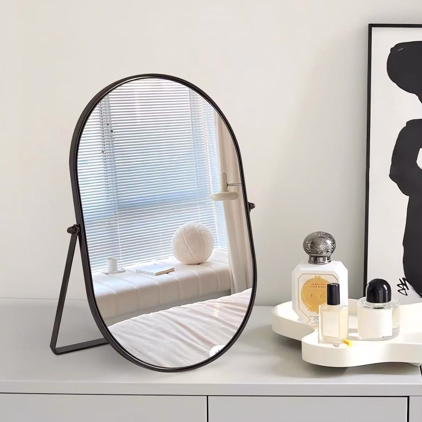 Specchio da tavolo, con cornice in metallo, forma ovale, colore nero, ideale per la camera da letto