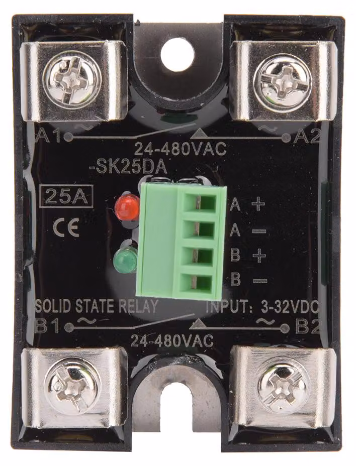 Relè a semiconduttore BERM, controllo DC a due canali, AC, monofase, SSR, 24–480 VAC (25 A - modello BERM-SK25DA)