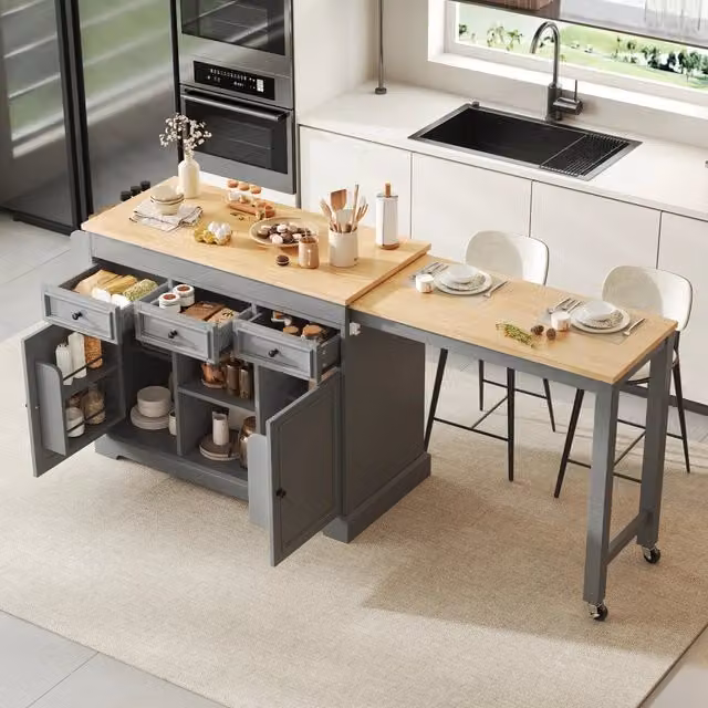 Isola da Cucina Mobile ¨C Minimal ¨C Grigio, con Scomparto Pranzo Estensibile, Cassetti, Mensola Spezie