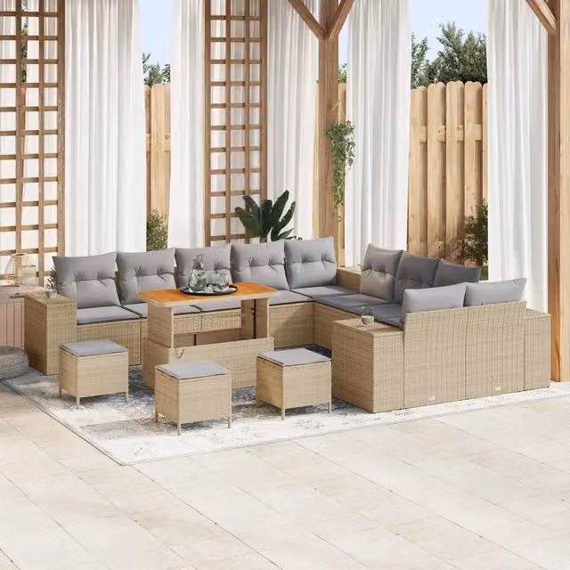 vidaXL Set Divano da Giardino 14 pz a forma di U in Polyrattan con Cuscini Beige e Grigio