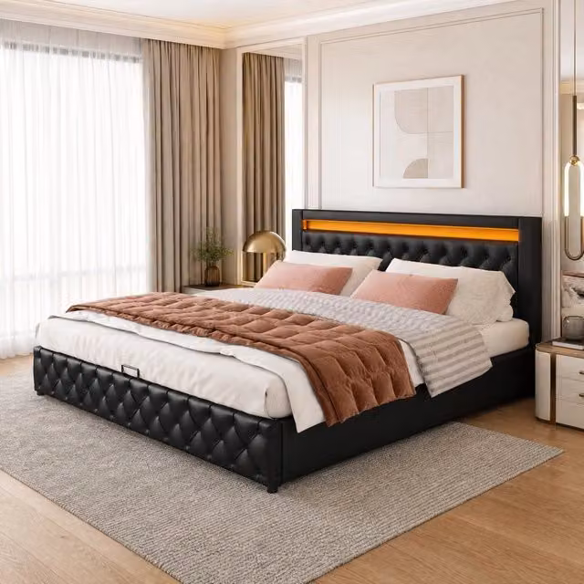 Letto imbottito 140x200 cm con rete a doghe, contenitore e illuminazione LED, nero in PU