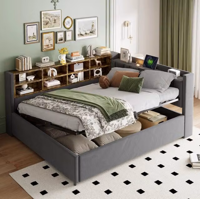 Letto imbottito multifunzionale 140x200 cm in velluto grigio con contenitore; luci e porte USB/Type-C