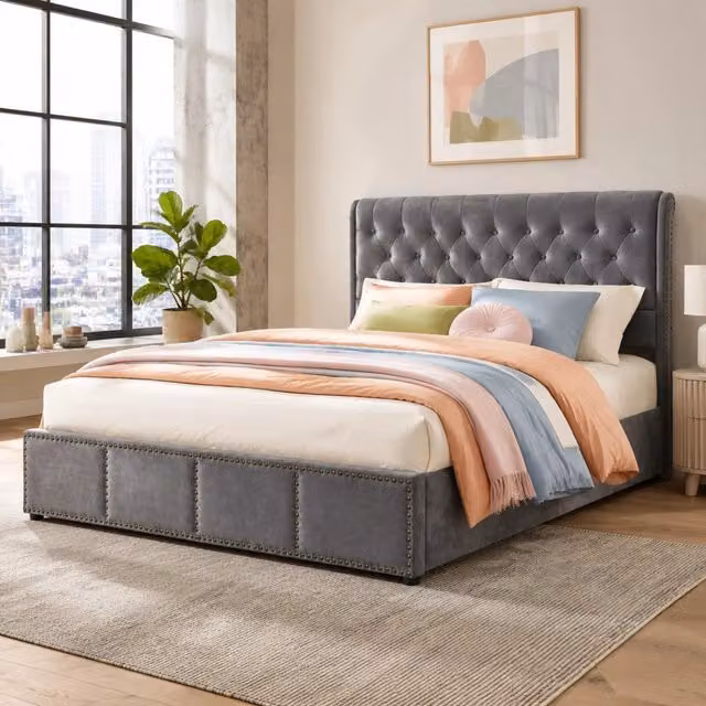Letto imbottito 180x200 cm con contenitore e rete a doghe in velluto grigio