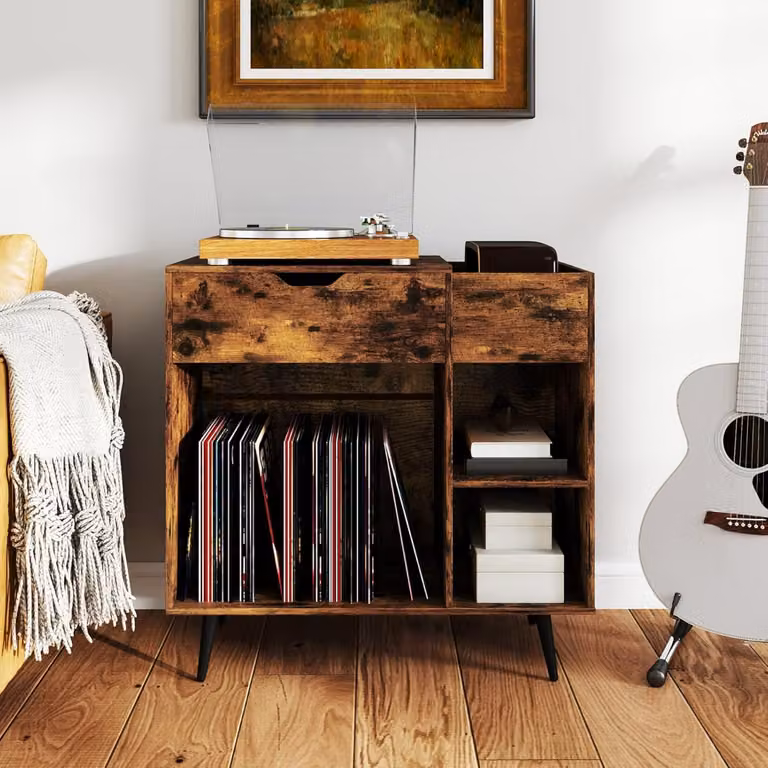 Tavolo per giradischi Costway in legno con cassetto estraibile, colore Marrone Rustico per soggiorno e camera da letto