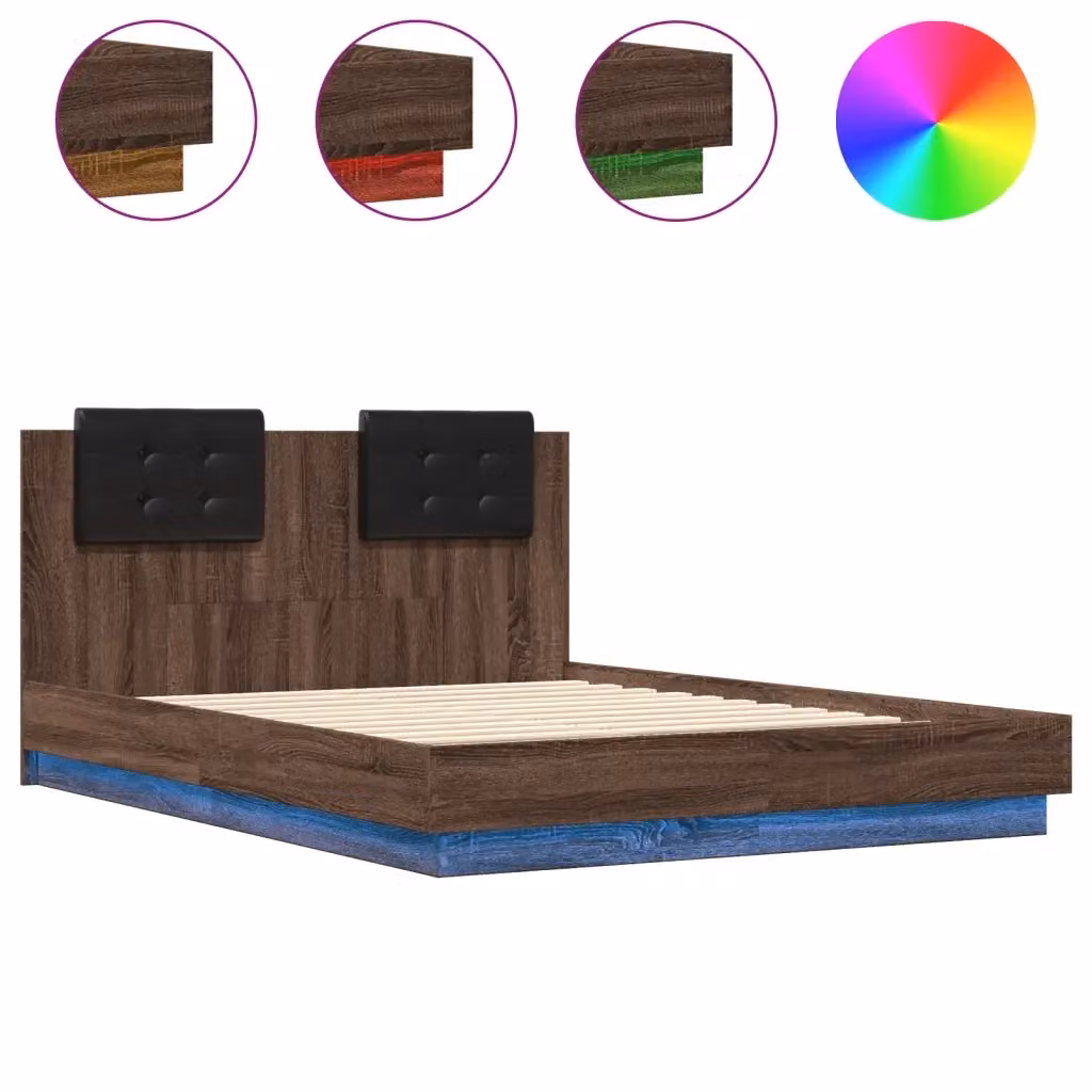 Letto con testiera e illuminazione LED vidaXL in legno rovere marrone L: 138 cm, P: 193 cm, H: 84 cm – 2