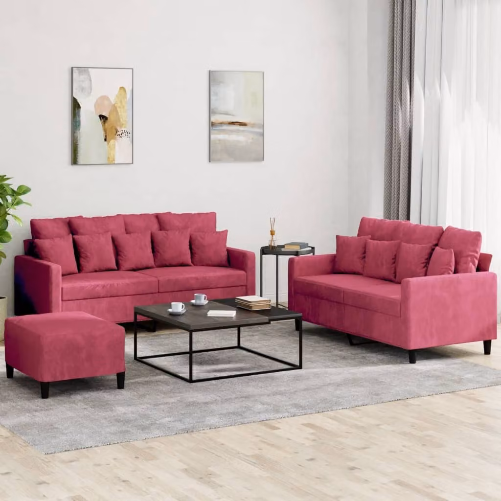 Maison Exclusive - Set divano a 3 pezzi con cuscini in velluto bordeaux