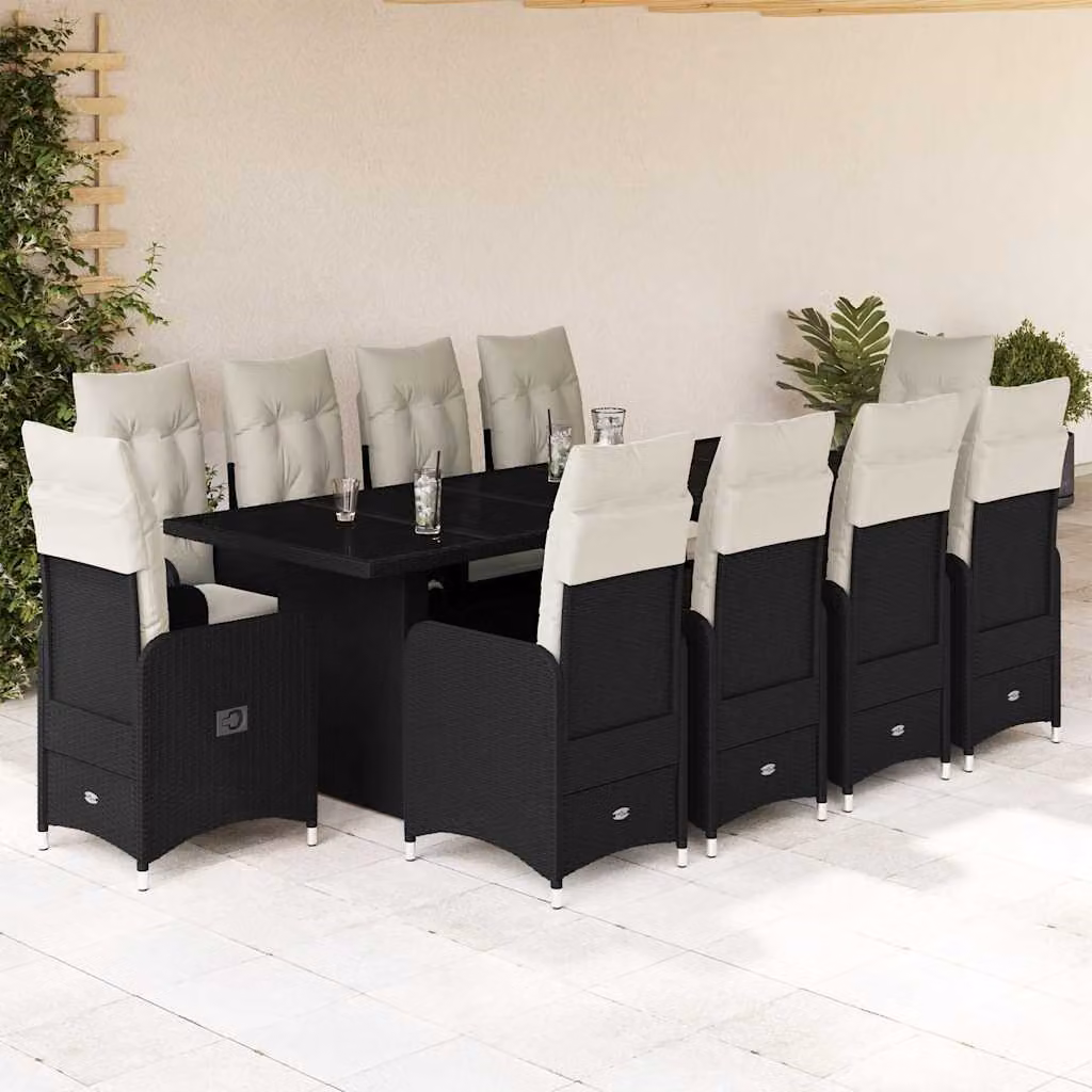 Set da Bistrò da Giardino vidaXL 11 pz in Polyrattan Nero con Cuscini e Tavolo in Vetro – 1