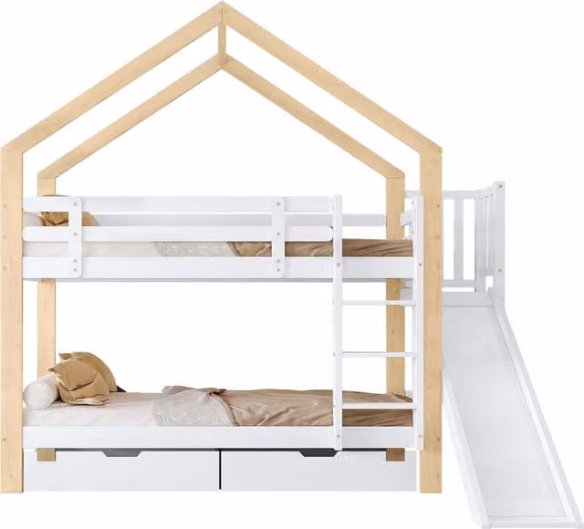 Letto a castello per bambini 90 × 200 cm 2 posti con scivolo, 2 cassetti e scala, senza materasso, bianco e naturale