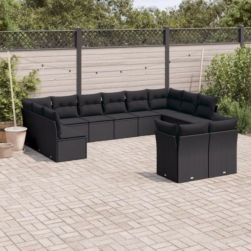 Set di divani da giardino vidaXL a forma di U composto da 12 pezzi con cuscini, colore nero, in polyrattan e struttura in metallo – 1