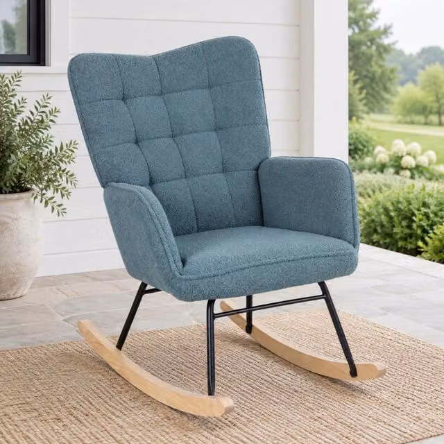 Poltrona a dondolo con rivestimento in velluto Berber, struttura in acciaio e basi in legno di faggio, azzurro chiaro, 98x71x101 cm