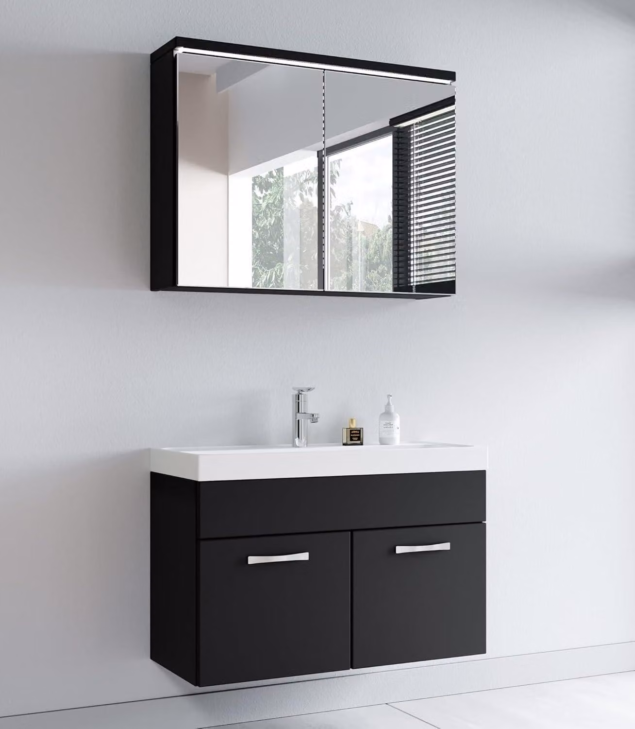 Set di mobili da bagno - Mobile bagno - Mobile lavabo - Mobile contenitore per lavabo - Mobile contenitore con specchio - Nero opaco