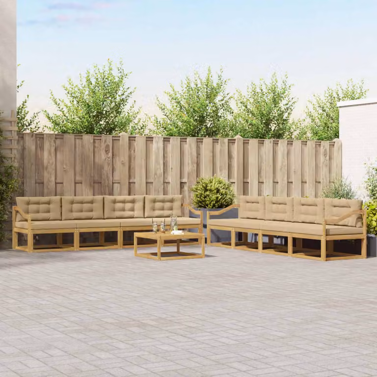 Set di divani da esterno vidaXL a forma di U composto da 9 pezzi con tavolino da caffè, in legno di acacia e tessuto bianco, beige e marrone
