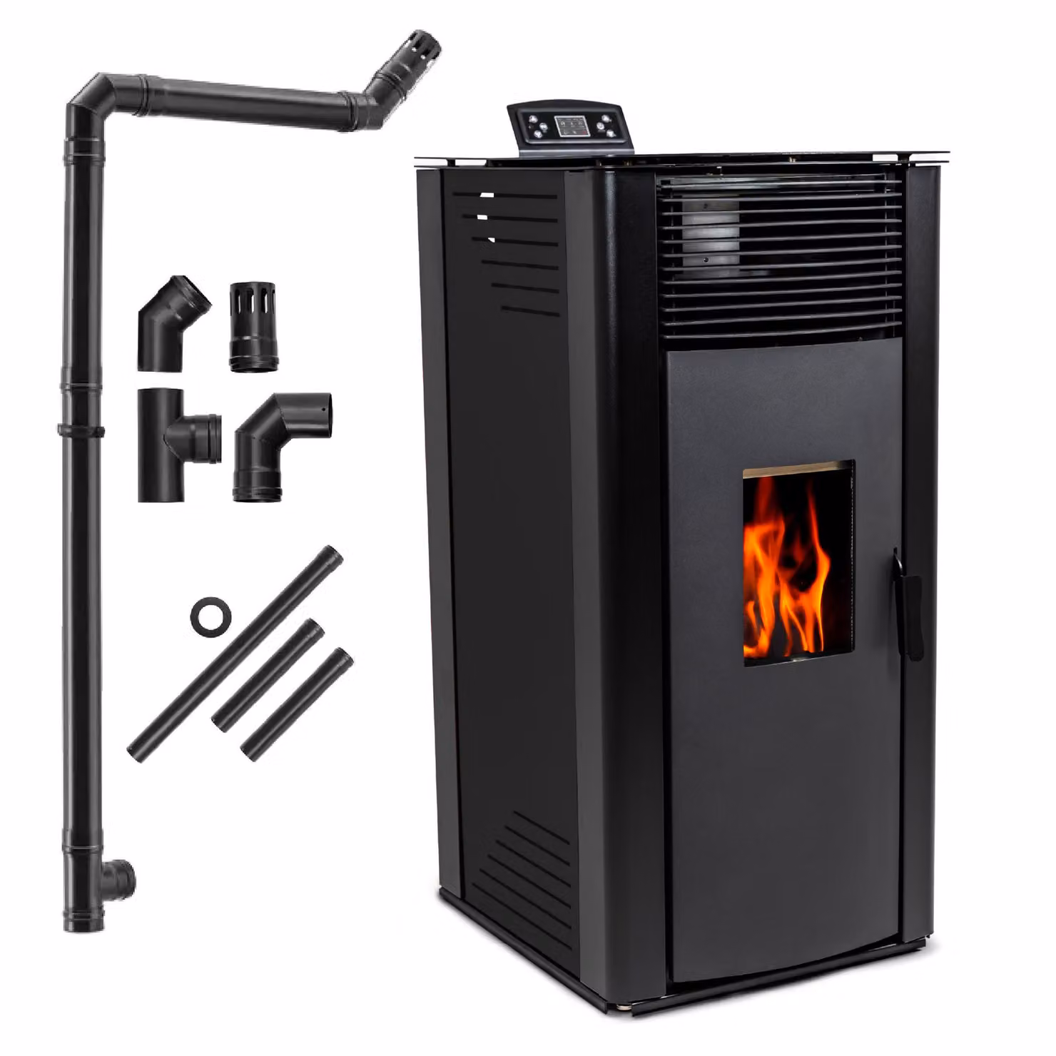 THUNDER® | GAREN BLACK | Stufa a pellet | 15 kW | Set di tubi di collegamento Ø 80 mm | nero