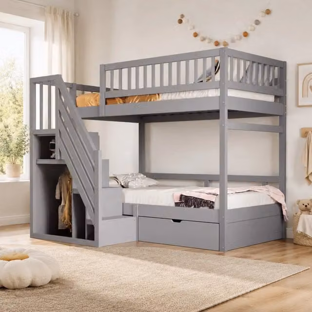 Letto a castello in legno massiccio 90x200 cm con sponda di sicurezza, scala con contenitori e cassetti, per bambini e ragazzi, grigio