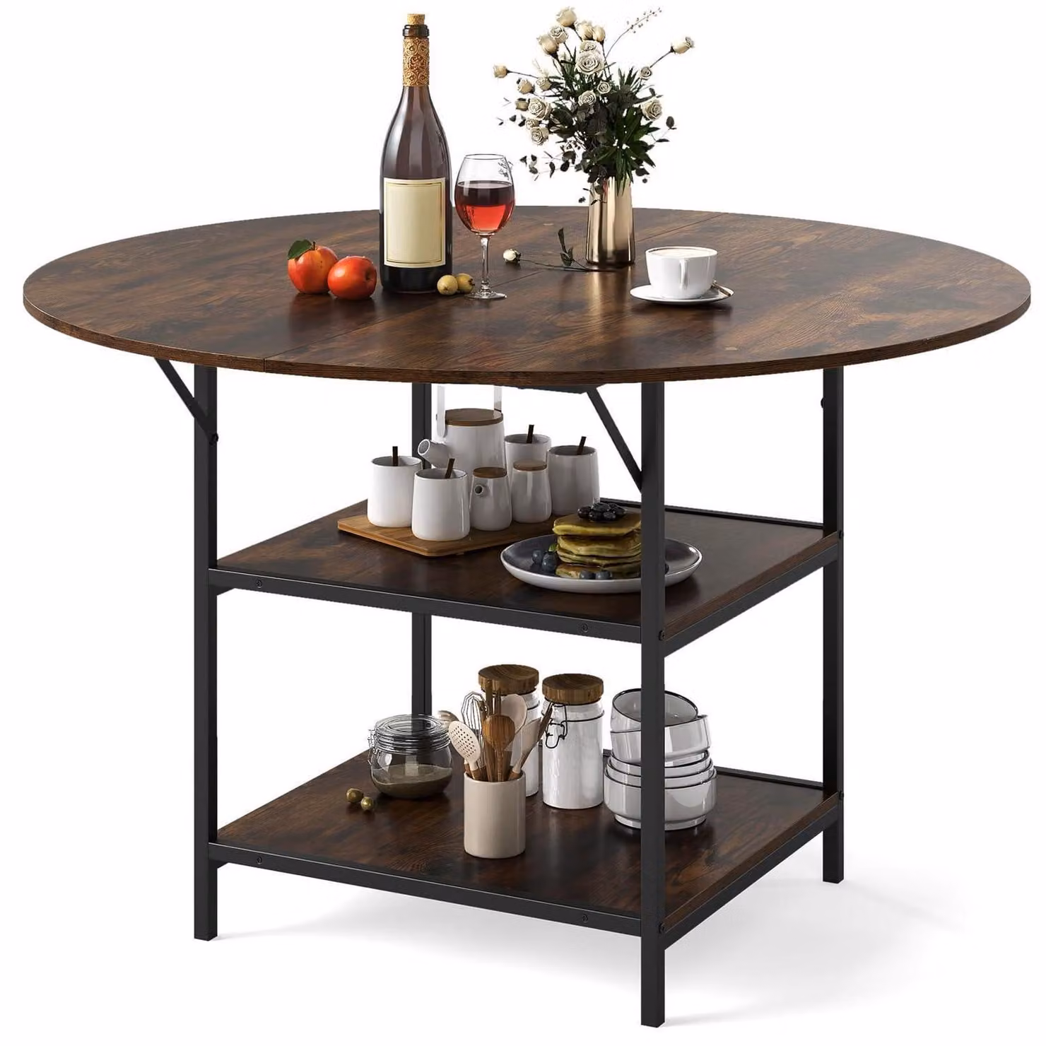 Tavolo rotondo da pranzo, diametro 120 cm, per 4-6 persone, con 2 ripiani, finitura effetto legno color marrone vintage