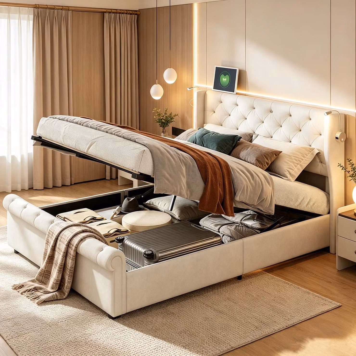 Letto imbottito con boxspring, dimensioni 140x190, con lampada da lettura e porta USB, contenitore portaoggetti, sistema di sollevamento idraulico, rivestito in velluto, colore beige.