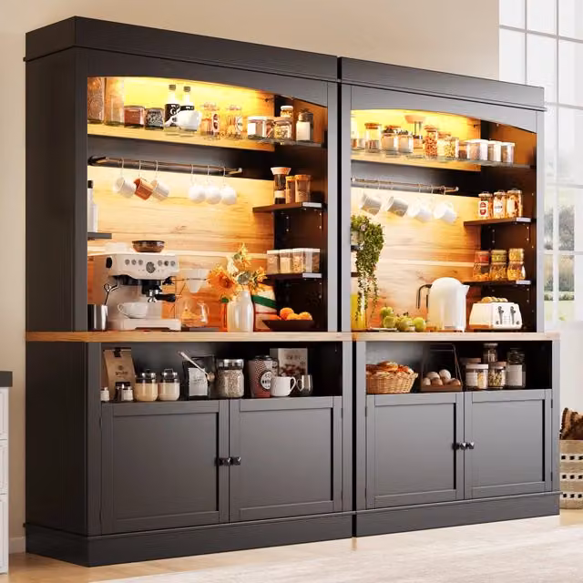 Dispensa alta da cucina set di 2 con LED USB e controllo via app 2 ante ripiani aperti e ganci per tazze in MDF nero 107 × 43 × 184 cm