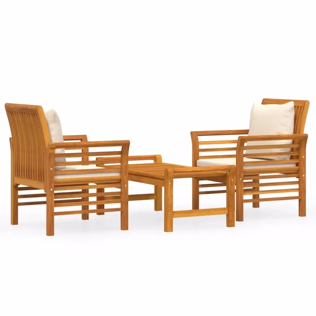 Set Mobili da Giardino 3pz MERCATOXL in Legno di Acacia Trattato con Cuscini Imbottiti Bianchi e Marroni – 2