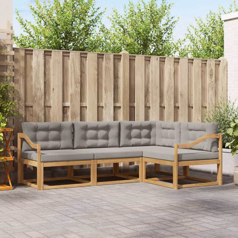vidaXL Set di divani da esterno a L in legno di acacia con cuscini, Bianco, Grigio e Marrone