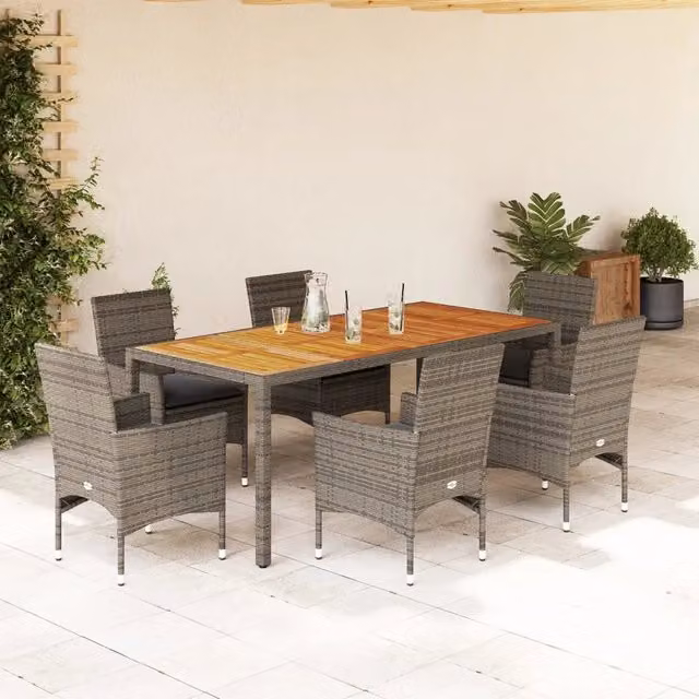 Set Pranzo da Giardino 7pz con Cuscini Polyrattan Acacia Grigio 3278679