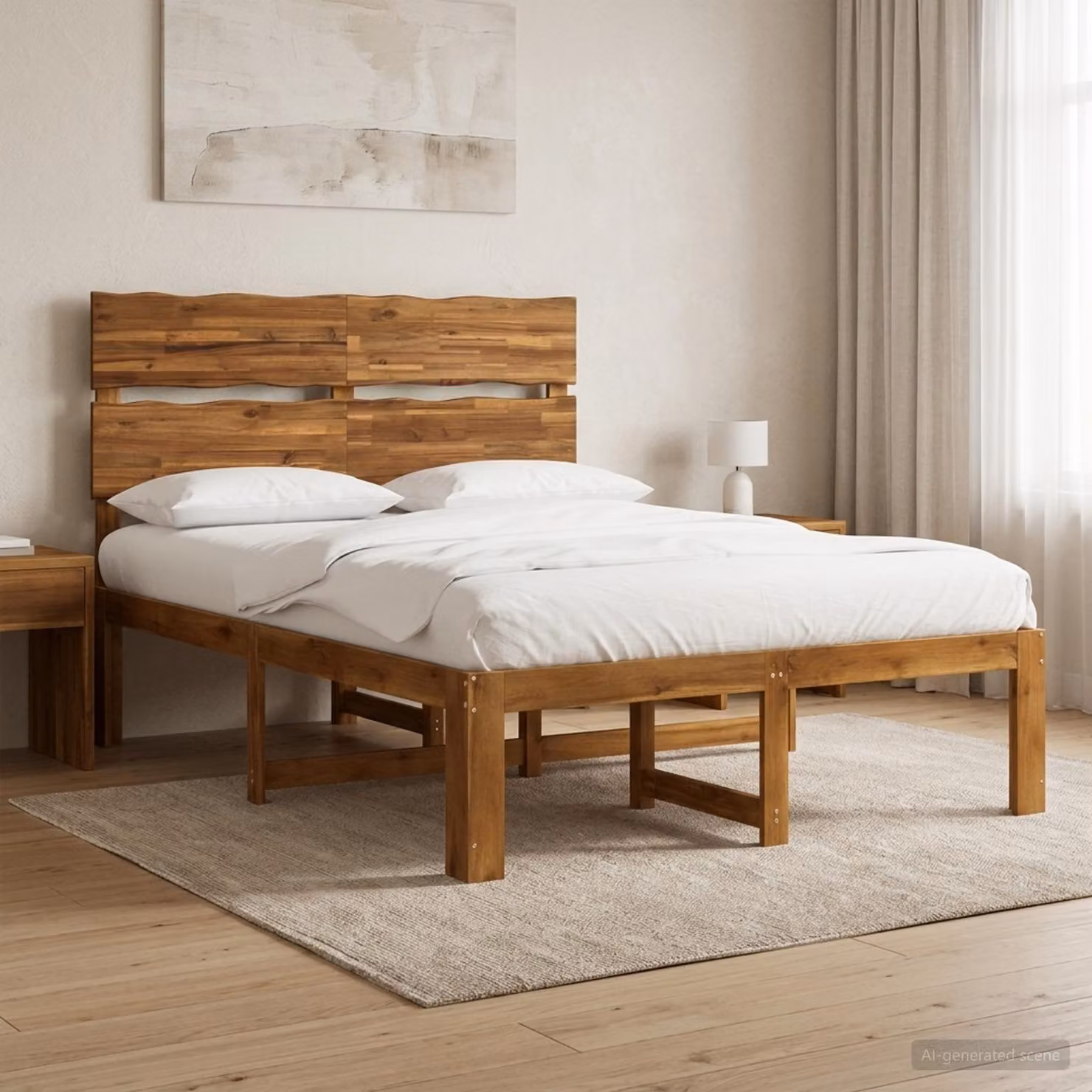 Letto matrimoniale con testiera ROSTOCK vidaXL in legno di acacia naturale, colore marrone, L: 140 cm, P: 195,5 cm, H: 115 cm
