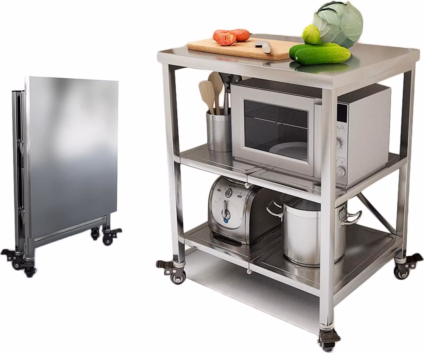 Piano di lavoro in acciaio inox, 3 livelli, pieghevole, carrello di servizio, acciaio inox, tavolo da cucina con 4 ruote, tavolo in acciaio inox, tavolo per la preparazione dei cibi, supporto per microonde, salvaspazio per la cucina