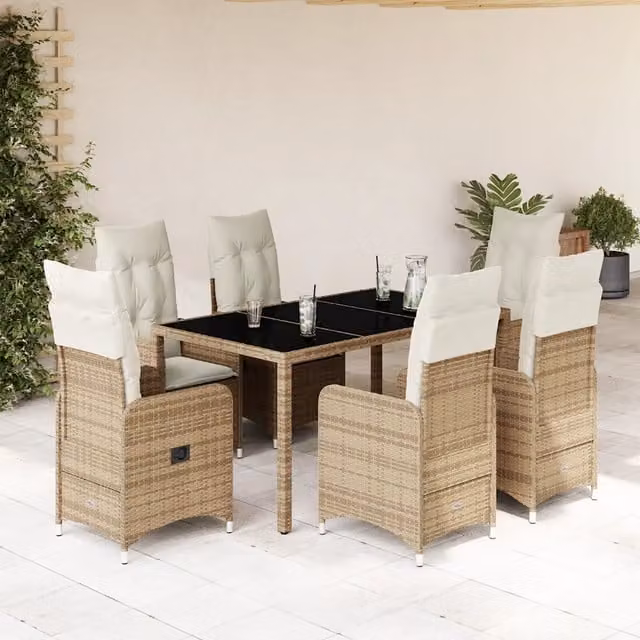 Set da Bistrò da Giardino vidaXL in Polyrattan con Cuscini Beige e Tavolo in Vetro, 7 Pezzi – 1