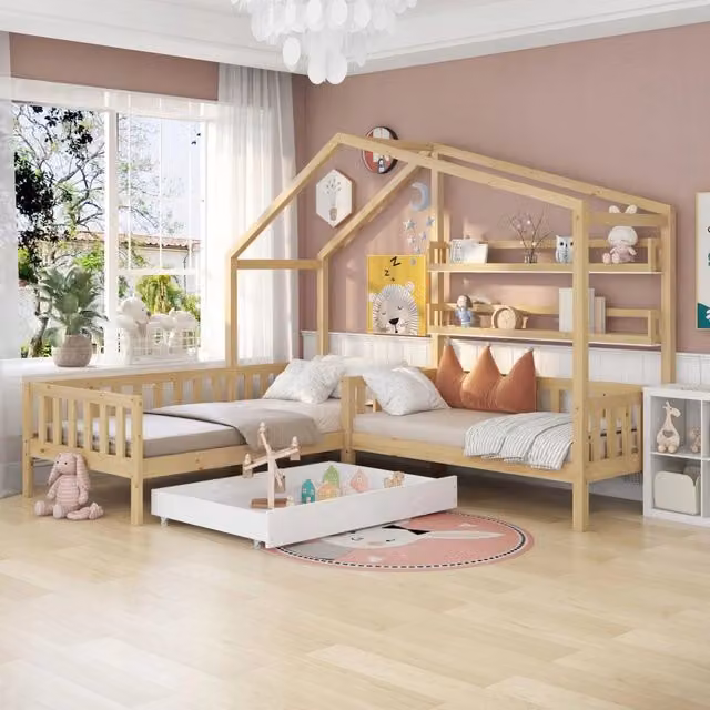 Letto per bambini con cassetti e ripiani - Xylo - 90x200+140x70 - Naturale