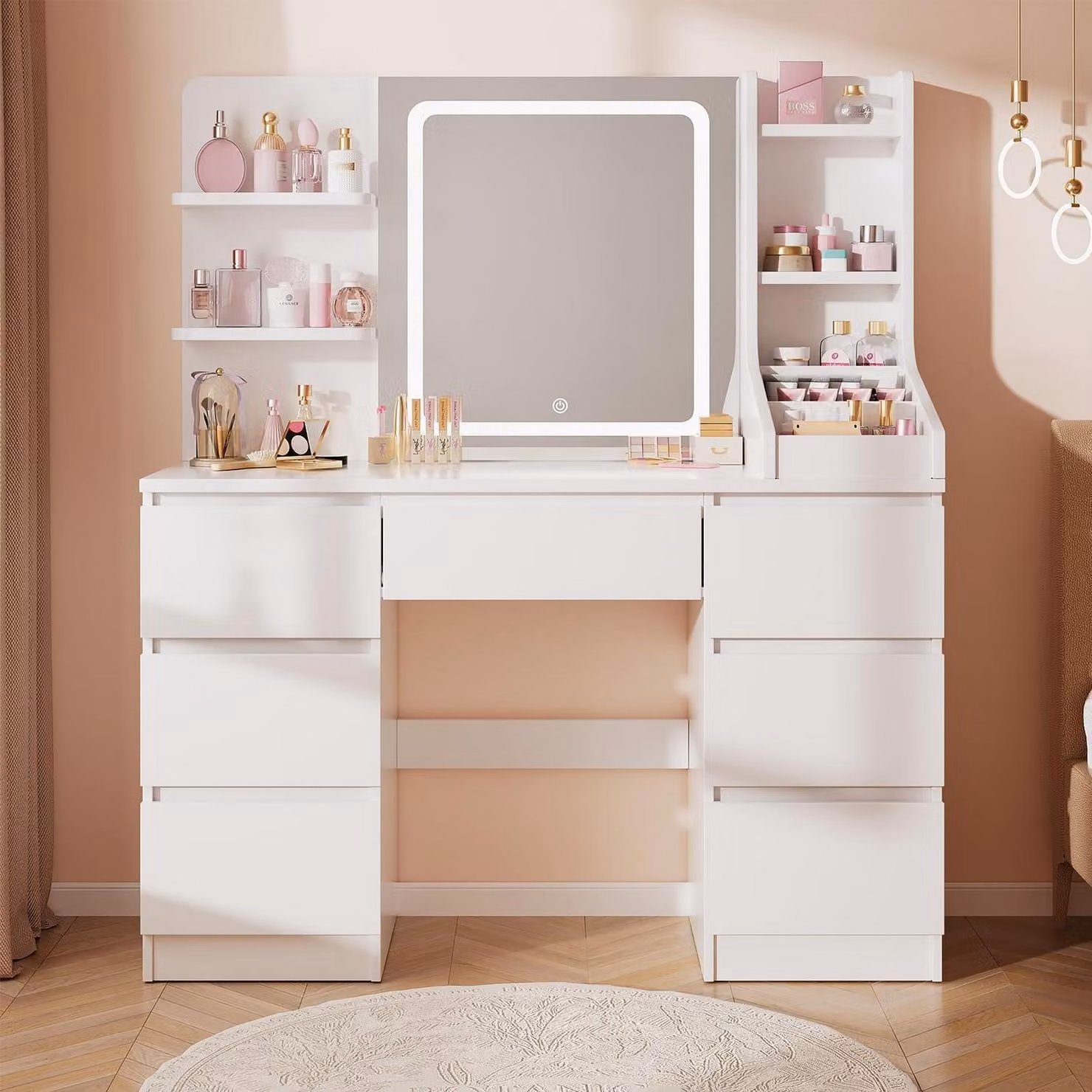 Comò da trucco con illuminazione a LED e specchio, 7 cassetti, 4 ripiani, 3 vani, dimensioni 110x139x40 cm, colore bianco