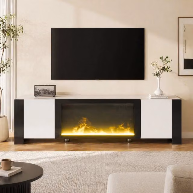 Mobile TV moderno con camino elettrico decorativo; 165x55x32 cm; bianco e nero lucido