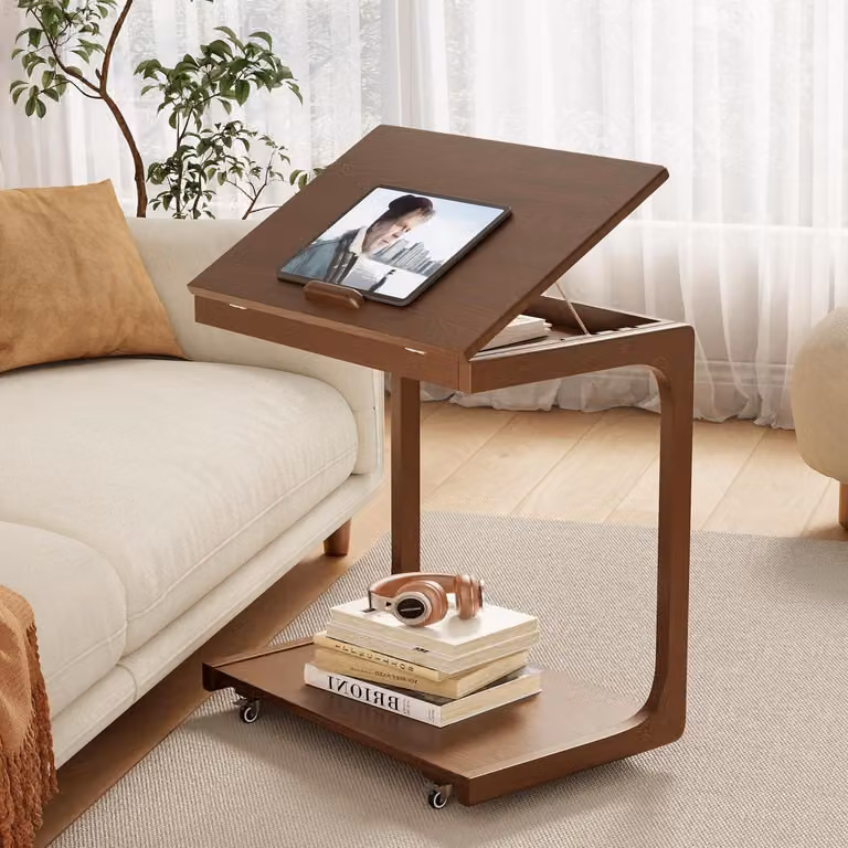Tavolino laterale in legno con rotelle, forma a C, dimensioni 60x40x63 cm, colore marrone noce