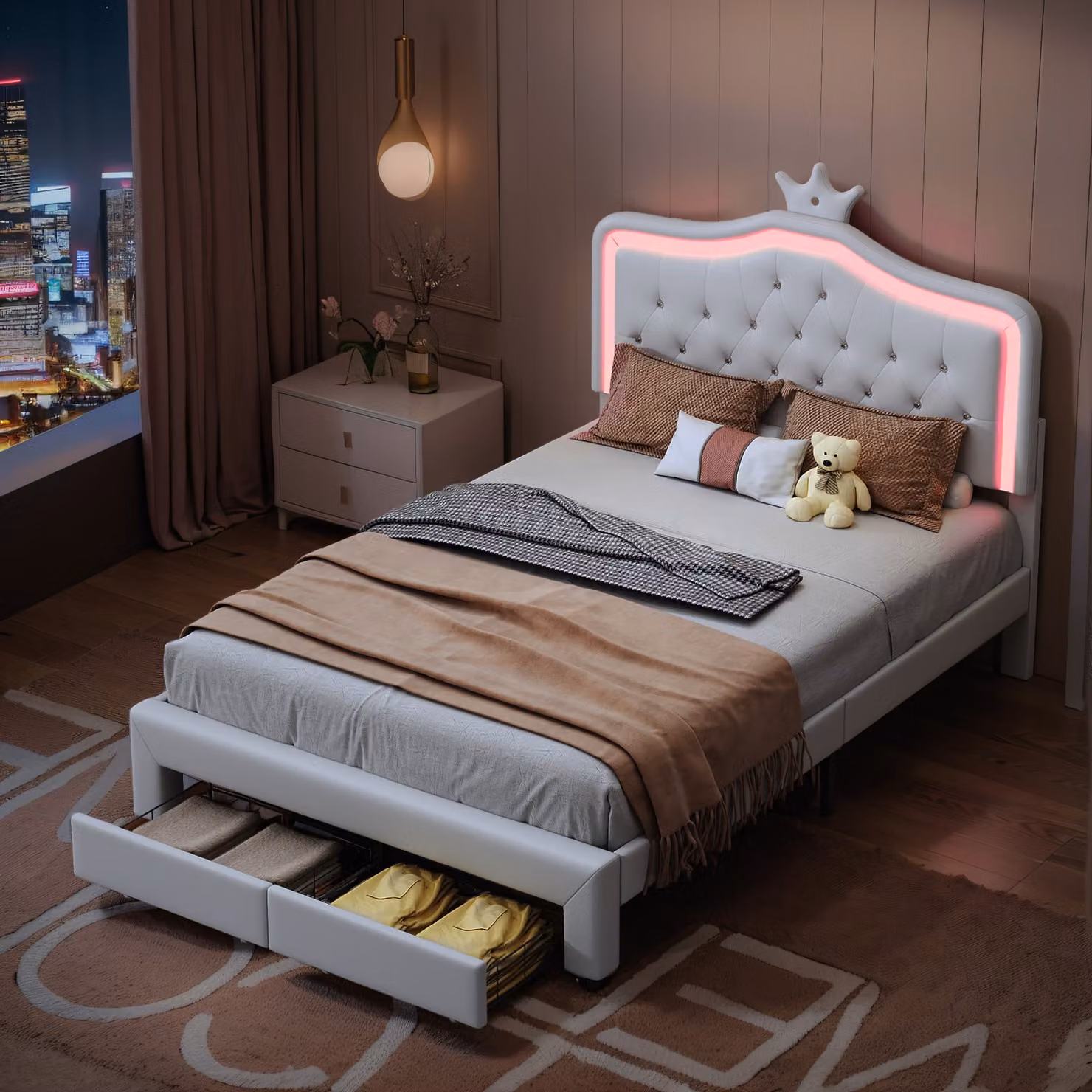 Letto imbottito Fortuna Lai 140x200cm con rete a doghe, letto per ragazzi con led e cassetto, letto matrimoniale con cornice a , PU, bianco